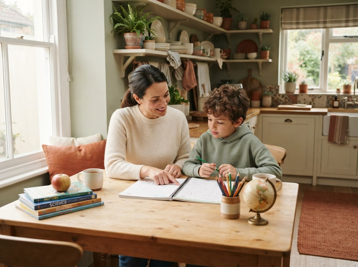 Parent and child learning together at a homeschool table