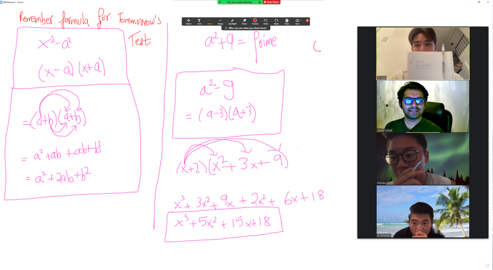 Live online math tutoring session with a shared whiteboard and student video tiles